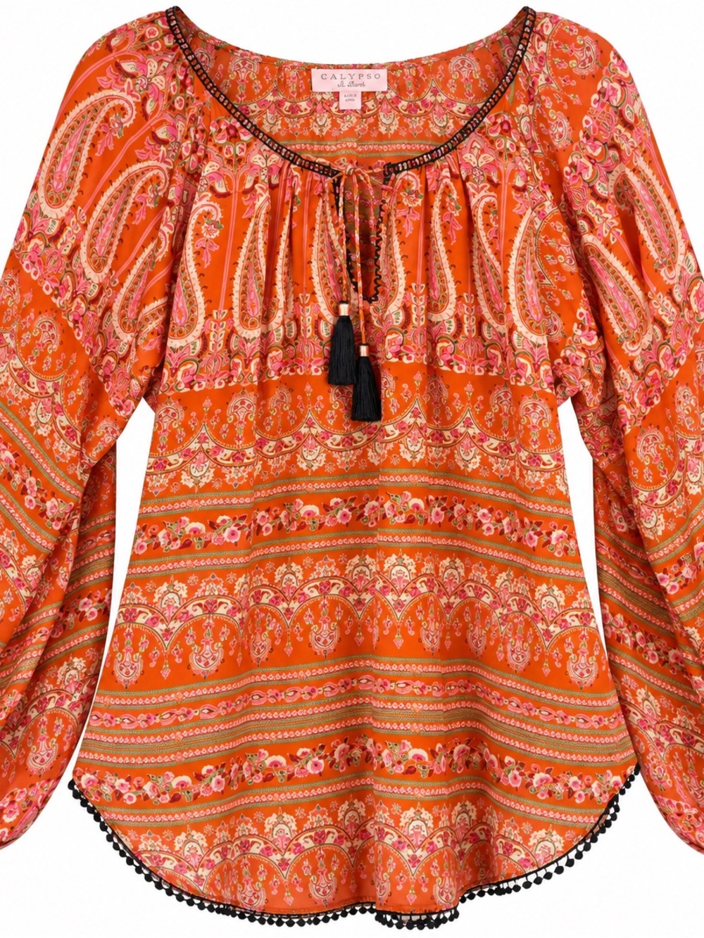 Calypso St. Barth Silk Paisley Peasant Blouse Orange Pink L